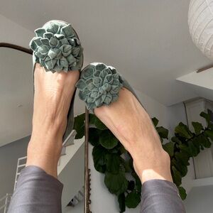 Anthropologie Used Pura López Flower Suede sea foam flat Ballerina 6.5 to 7 🌸